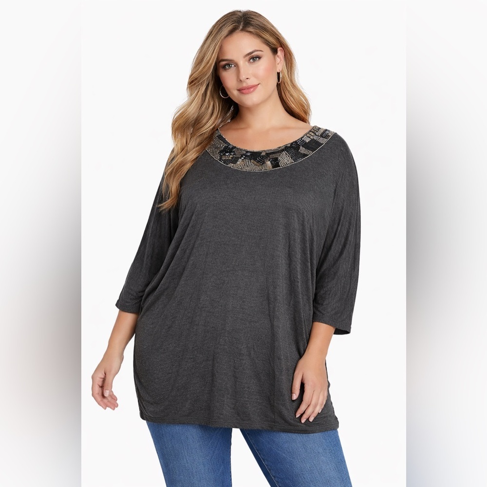 Design History Woman Gray Beabed Scoop Neck Dolman Sleeve Size‎ 2X Open Back